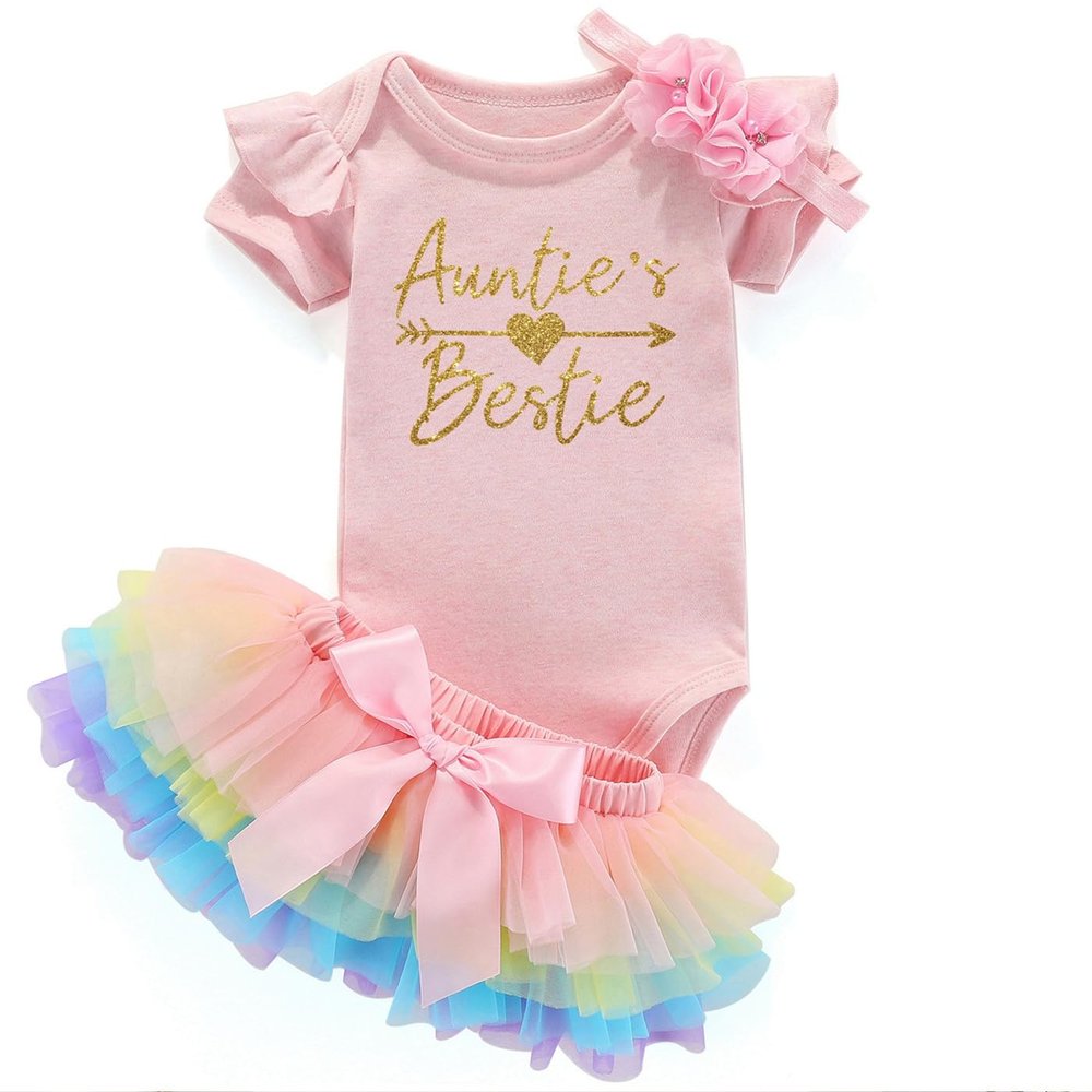 Acwssit Aunties Bestie Baby Clothes Girl Baby Gifts From Aunt Little Bestie Auntie Baby Girl Outfits Pink Bodysuit Rainbow Skirt 6 Months