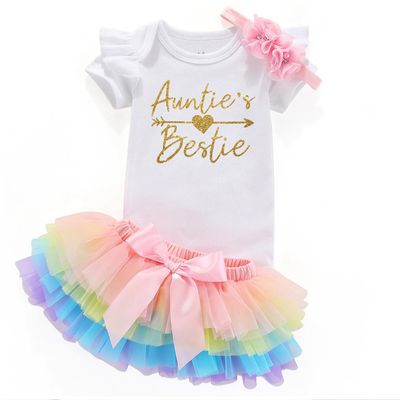 Acwssit Aunties Bestie Baby Clothes Girl Baby Gifts From Aunt Little Bestie Auntie Baby Girl Outfits White Bodysuit Rainbow Skirt 12 Months