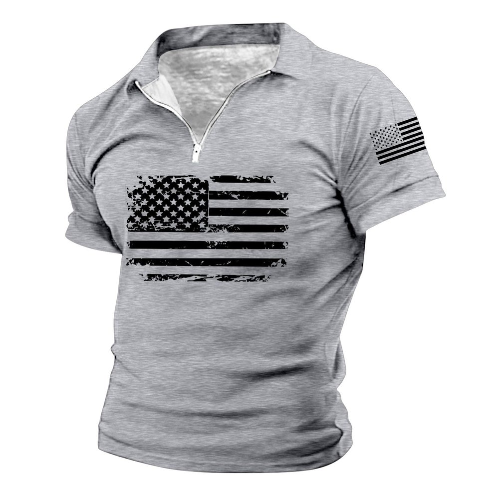 ZYXTIM American Flag Patriotic 1776 Shirt for Men Short Sleeve Quarter Zipper Distressed Polo Shirts Muscle Fit Independence Day T-Shirt(Grey,Medium)