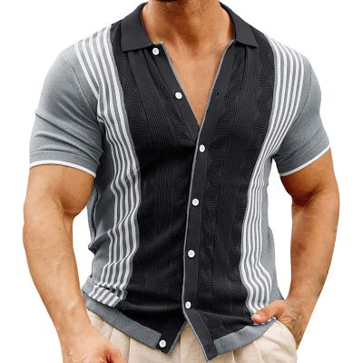 ZYXTIM Men's Knit Button Down Shirts Short Sleeve Retro Polo Shirts Stripe Jacquard Fashion Casual Beach Tops Plus Size Smart Work Tops(Black01,Large)