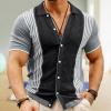 ZYXTIM Men's Knit Button Down Shirts Short Sleeve Retro Polo Shirts Stripe Jacquard Fashion Casual Beach Tops Plus Size Smart Work Tops(Black01,Large) view 2