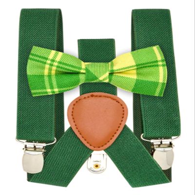 Qenidm Boy Suspenders Bow Tie Set, Forestgreen Suspenders with Sage Beige Check