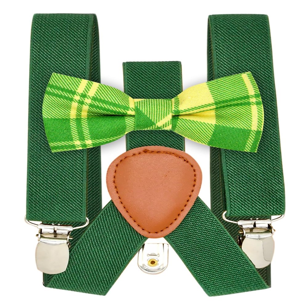 Qenidm Boy Suspenders Bow Tie Set, Forestgreen Suspenders with Sage Beige Check