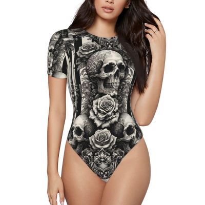 Augenstern Gothic-Baroque-Skull-Stripe Women's Short-Sleeve Round Neck One-Piece Swimsuit Small Black