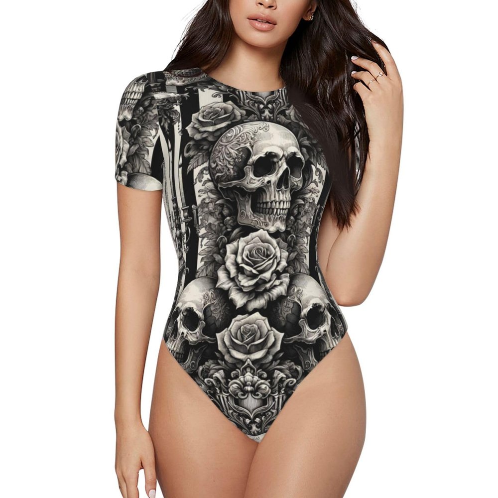 Augenstern Gothic-Baroque-Skull-Stripe Women's Short-Sleeve Round Neck One-Piece Swimsuit Small Black