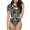 Augenstern Gothic-Baroque-Skull-Stripe Women's Short-Sleeve Round Neck One-Piece Swimsuit Small Black view 1