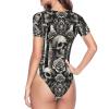 Augenstern Gothic-Baroque-Skull-Stripe Women's Short-Sleeve Round Neck One-Piece Swimsuit Small Black view 4
