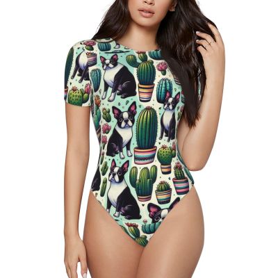 Augenstern Boston-Terrier-Cactus Women's Short-Sleeve Round Neck One-Piece Swimsuit X-Large