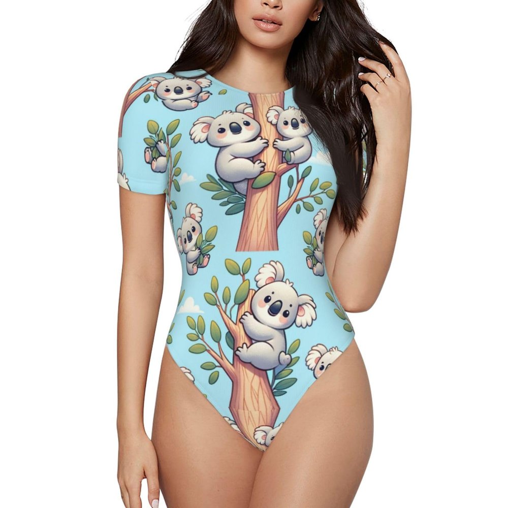 Cute-Australia-Koala-Bear Women's Short-Sleeve Round Neck One-Piece Swimsuit Large Black