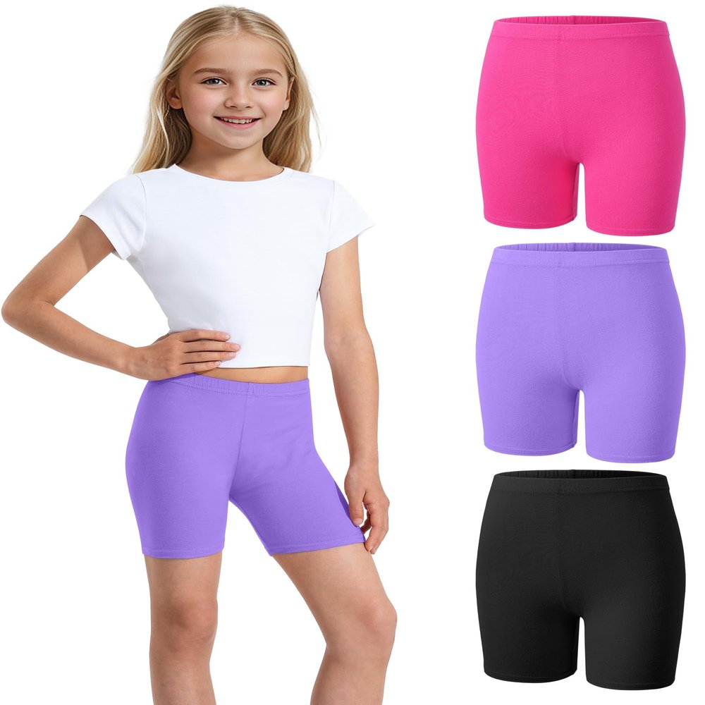 Somaibo 3 Pack Girls Bike Shorts Kids Cotton Cartwheel Athletic Gymnastics Shorts for Running Dance 10-12 Years Black Purple Rose