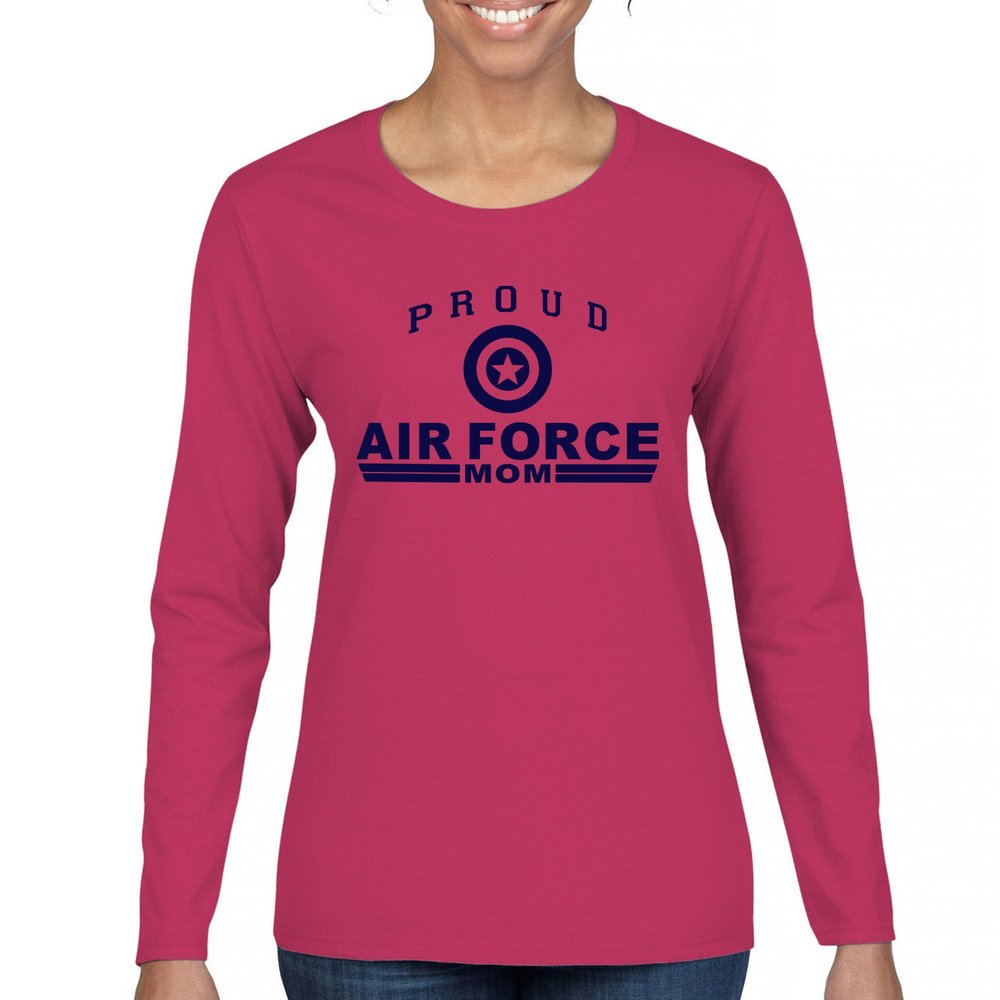 Proud Air Force Mom Women's Long Sleeve T-Shirt US Military Vet Mother's Day Veteran Active Duty Mama Patriotic Red Friday Hot Pink 3X-Large