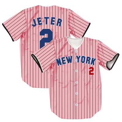 TIFIYA New York Jeter 2 Stripes Baseball Jersey NY Softball Short Sleeve Button Shirts for Youth Men Women T190-Pink-L
