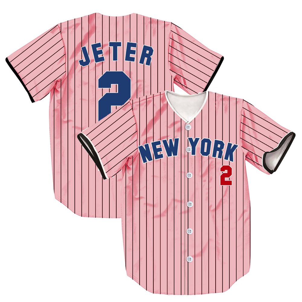 TIFIYA New York Jeter 2 Stripes Baseball Jersey NY Softball Short Sleeve Button Shirts for Youth Men Women T190-Pink-L