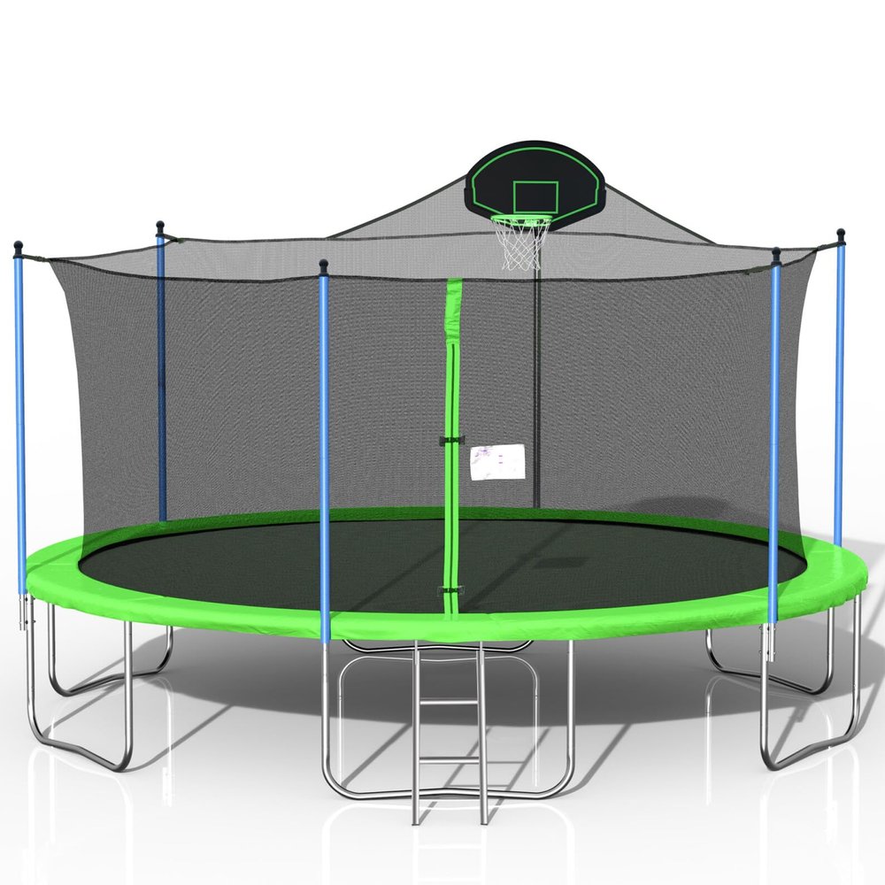 JINS&VICO 16FT Outdoor Trampoline,Round Backyard Trampoline with Safety Enclosure Net and Ladder, Backyard Trampoline,Recreational Heavy-Duty Trampoline with Basketball Hoop for Adult