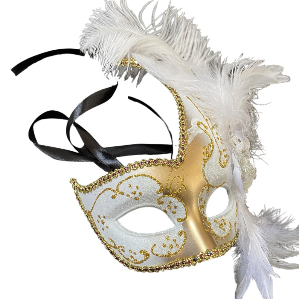 MasqStudio Brocade Lace Masquerade Ball Mask Burlesque Mardi Gras Birthday Prom Wedding Party (White Gold)