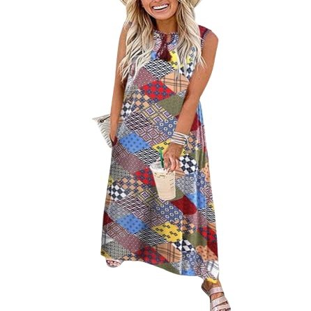 Women's Casual Boho Floral Print Sleeveless Dress Tie V Neck Long Tank Dress Summer Loose Maxi Sundress