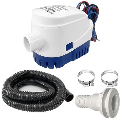 1-1/8 Inch Bilge Pump Plumbing Kit, 1100gph Electric 12v Automatic Boat Bilge Water Pump, 6 FT Hose, 2 Stainless Steel Clamps and Thru-Hull Fitting (Black with Auto Pump)