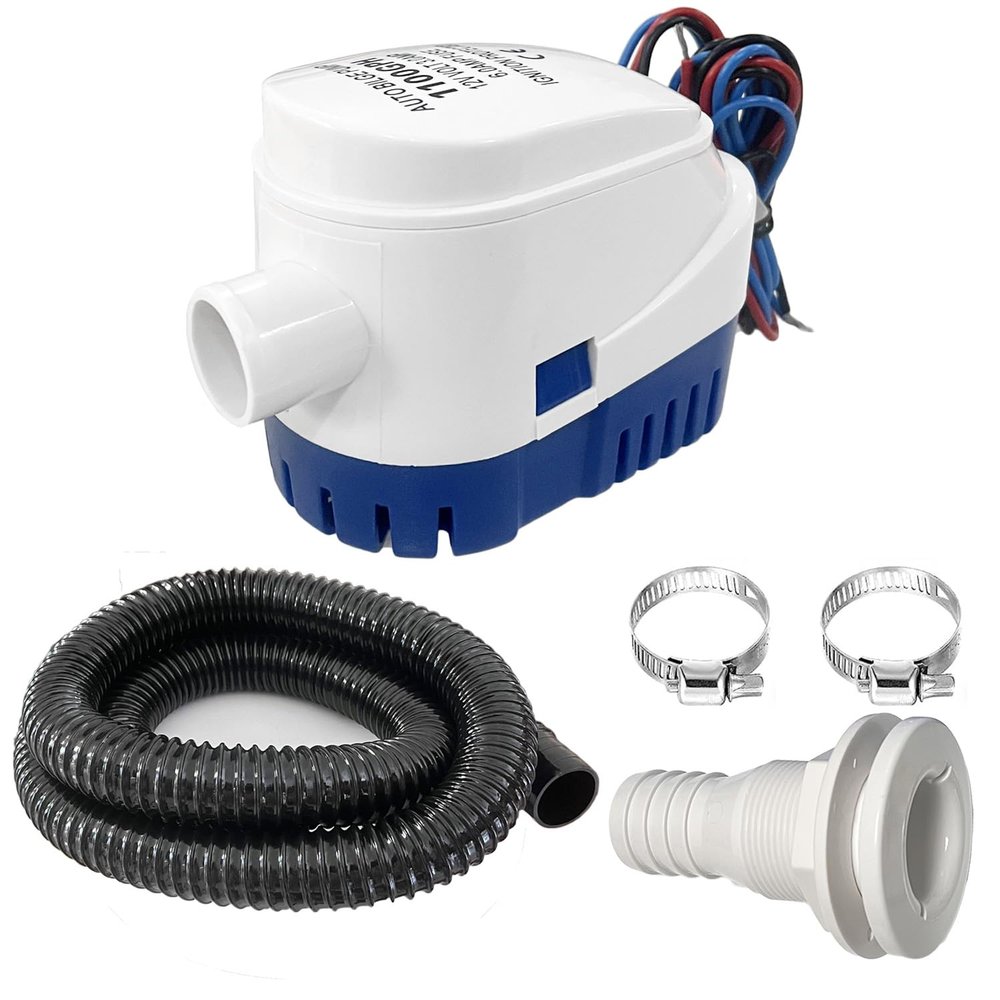 1-1/8 Inch Bilge Pump Plumbing Kit, 1100gph Electric 12v Automatic Boat Bilge Water Pump, 6 FT Hose, 2 Stainless Steel Clamps and Thru-Hull Fitting (Black with Auto Pump)