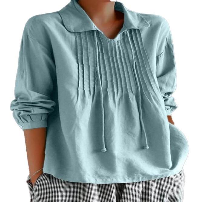 Akivide Women Casual Long Sleeve Top 2025 Linen V Neck Lapel Pleated Drawstring Loose Blouse Plus Size Dressy Tunic Shirt Outfit