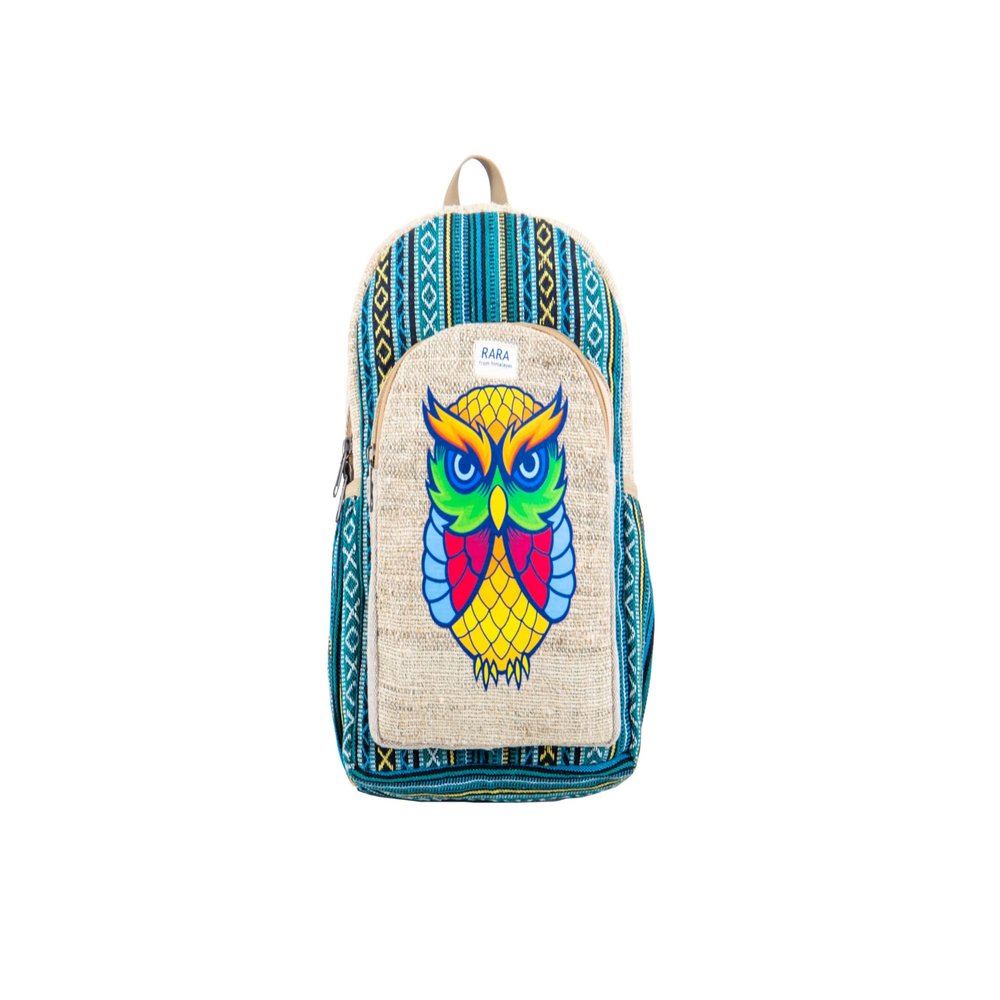 RARA Handmade-Unique design Hemp backpack, very popular in FAIR TRADE and light weight backpack from the top of Himalayas. (Blue Owl), Medium