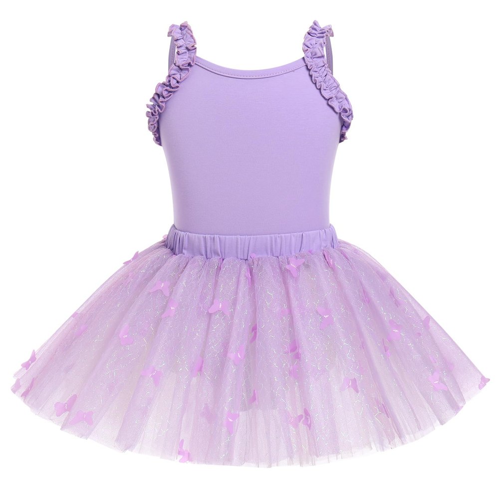 Ballet Leotard with Tutu Skirt for Girls Dance Gymnastics Ruffle Camisole Criss Cross Back Bodysuit Kids Sparkly Butterfly Classic Basic Leotard Training Outfit Ballerina Violet 9-10 Years