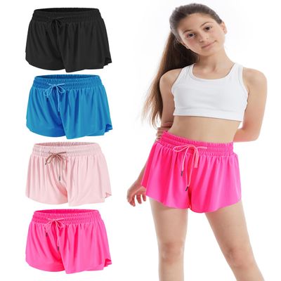 Celfaeree 3-4 Packs Girls Flowy Butterfly Shorts Athletic 2 in 1 Running Active Skirt Shorts, Workout Short for Kids Teens Black/Royal Blue/Pink/Hot Pink S