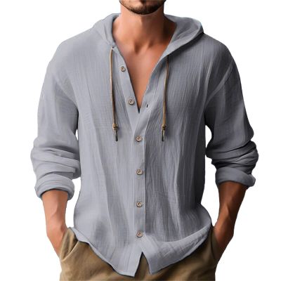 Men's Linen Shirts Long Sleeve Hooded Casual Button Down Shirt Relaxed Fit Hippie Beach Stylish Summer Tops Grey