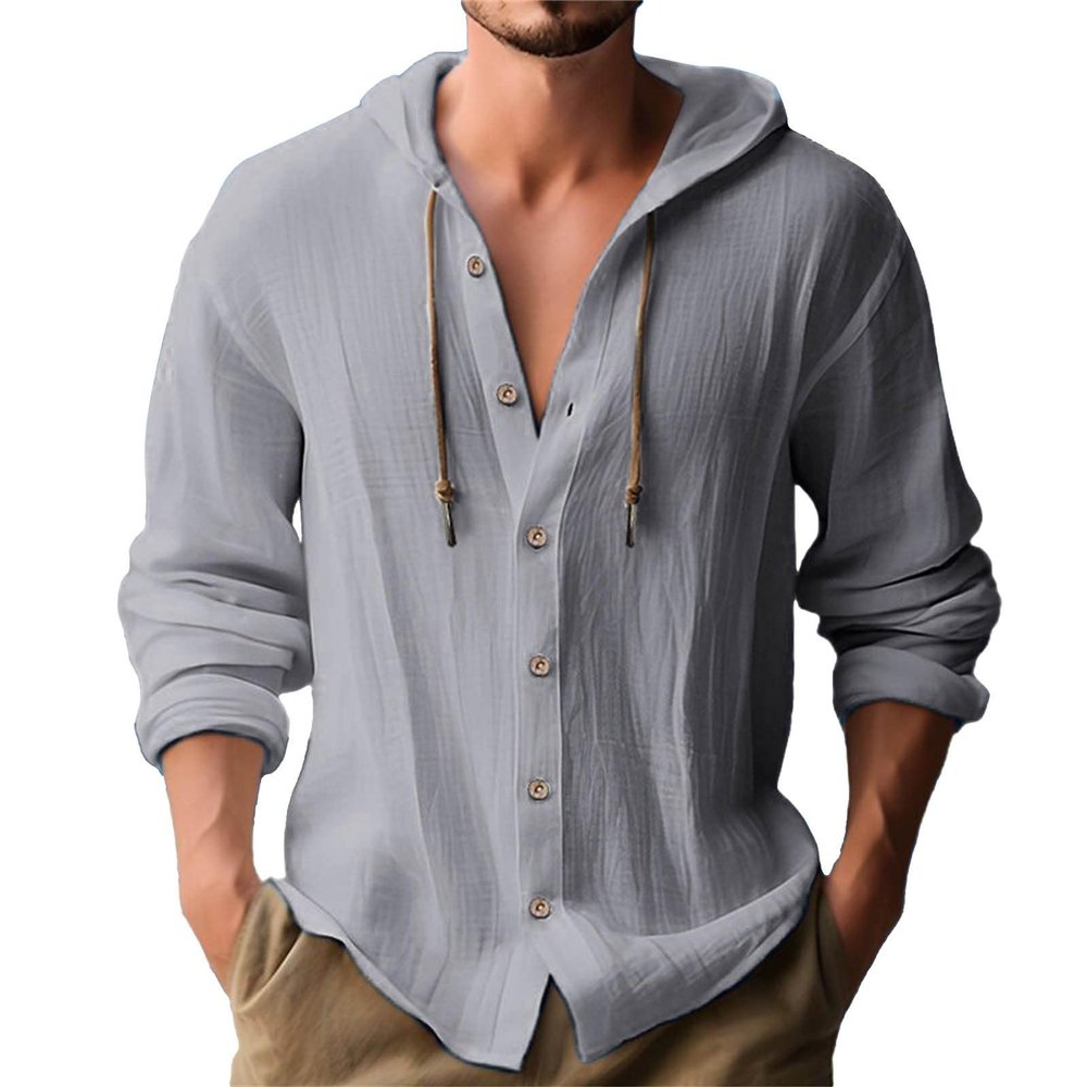 Men's Linen Shirts Long Sleeve Hooded Casual Button Down Shirt Relaxed Fit Hippie Beach Stylish Summer Tops Grey
