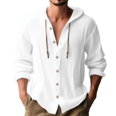 Men's Linen Shirts Long Sleeve Hooded Casual Button Down Shirt Relaxed Fit Hippie Beach Stylish Summer Tops White