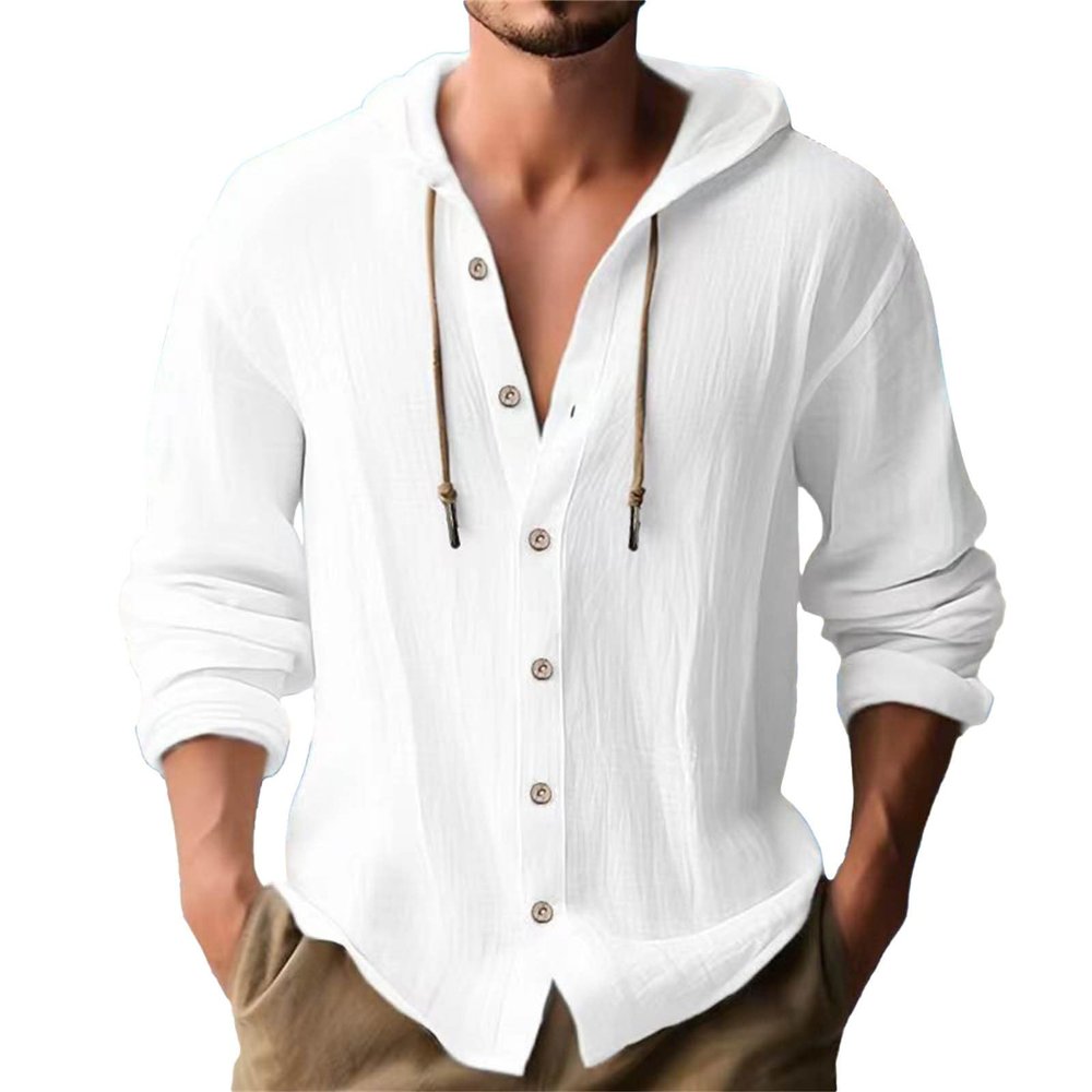 Men's Linen Shirts Long Sleeve Hooded Casual Button Down Shirt Relaxed Fit Hippie Beach Stylish Summer Tops White