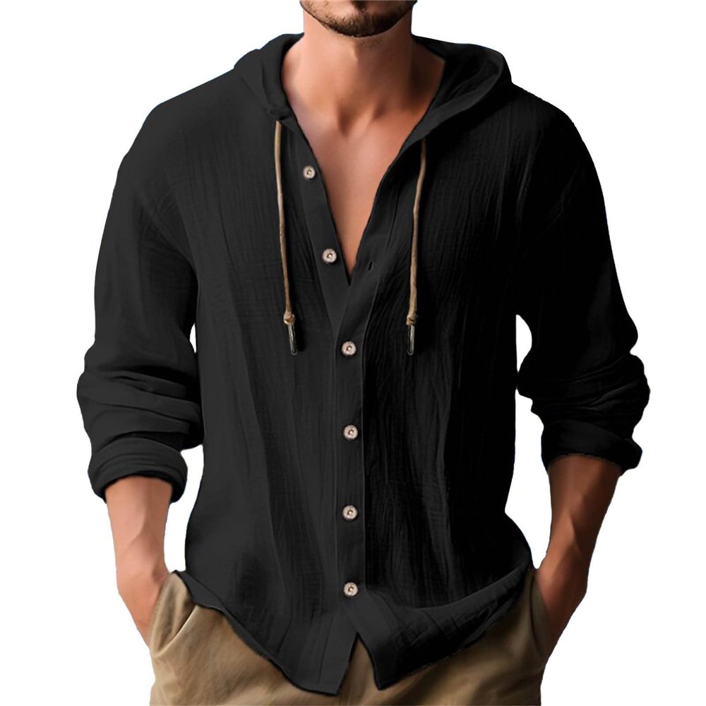 Men's Linen Shirts Long Sleeve Hooded Casual Button Down Shirt Relaxed Fit Hippie Beach Stylish Summer Tops Black