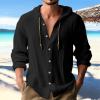 Men's Linen Shirts Long Sleeve Hooded Casual Button Down Shirt Relaxed Fit Hippie Beach Stylish Summer Tops Black view 3