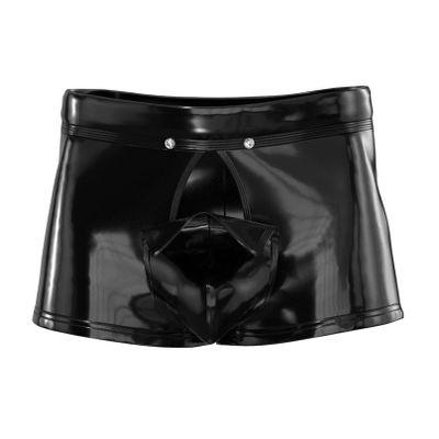 YiZYiF Men's Latex PVC Faux Leather Short Pants Solid Buckled Crotchless Boxer Shorts Hot Pants 4#Black BC Large