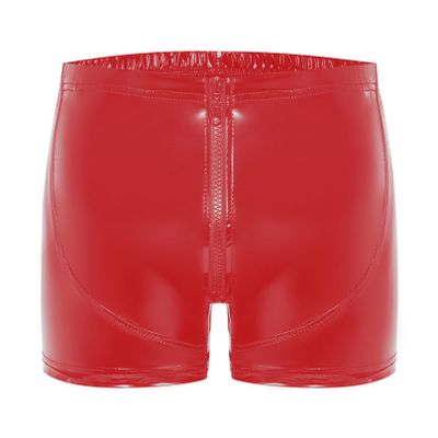 YiZYiF Men's Latex PVC Faux Leather Short Pants Solid Buckled Crotchless Boxer Shorts Hot Pants 5#Red CC Medium