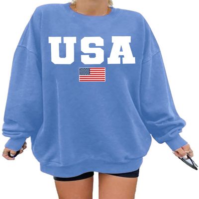 QAUN Oversized Usa Sweatshirt Women: Patriotic Tshirt 4th July Shirt Long Sleeve Casual Pullover Tops(Blue1, Medium)