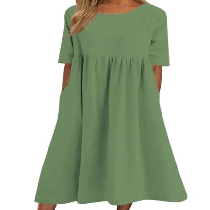 Akivide Womens Comfy Cotton Linen Loose Maxi Dress Solid Half Sleeve Crewneck Linen Dress Summer Beach Dress with Pockets
