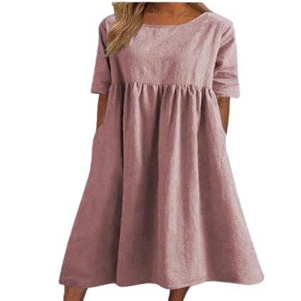 Akivide Womens Comfy Cotton Linen Loose Maxi Dress Solid Half Sleeve Crewneck Linen Dress Summer Beach Dress with Pockets
