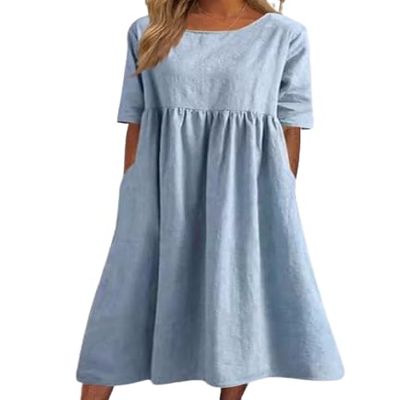Akivide Womens Comfy Cotton Linen Loose Maxi Dress Solid Half Sleeve Crewneck Linen Dress Summer Beach Dress with Pockets