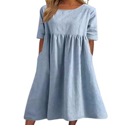Akivide Womens Comfy Cotton Linen Loose Maxi Dress Solid Half Sleeve Crewneck Linen Dress Summer Beach Dress with Pockets