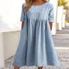 Akivide Womens Comfy Cotton Linen Loose Maxi Dress Solid Half Sleeve Crewneck Linen Dress Summer Beach Dress with Pockets view 2