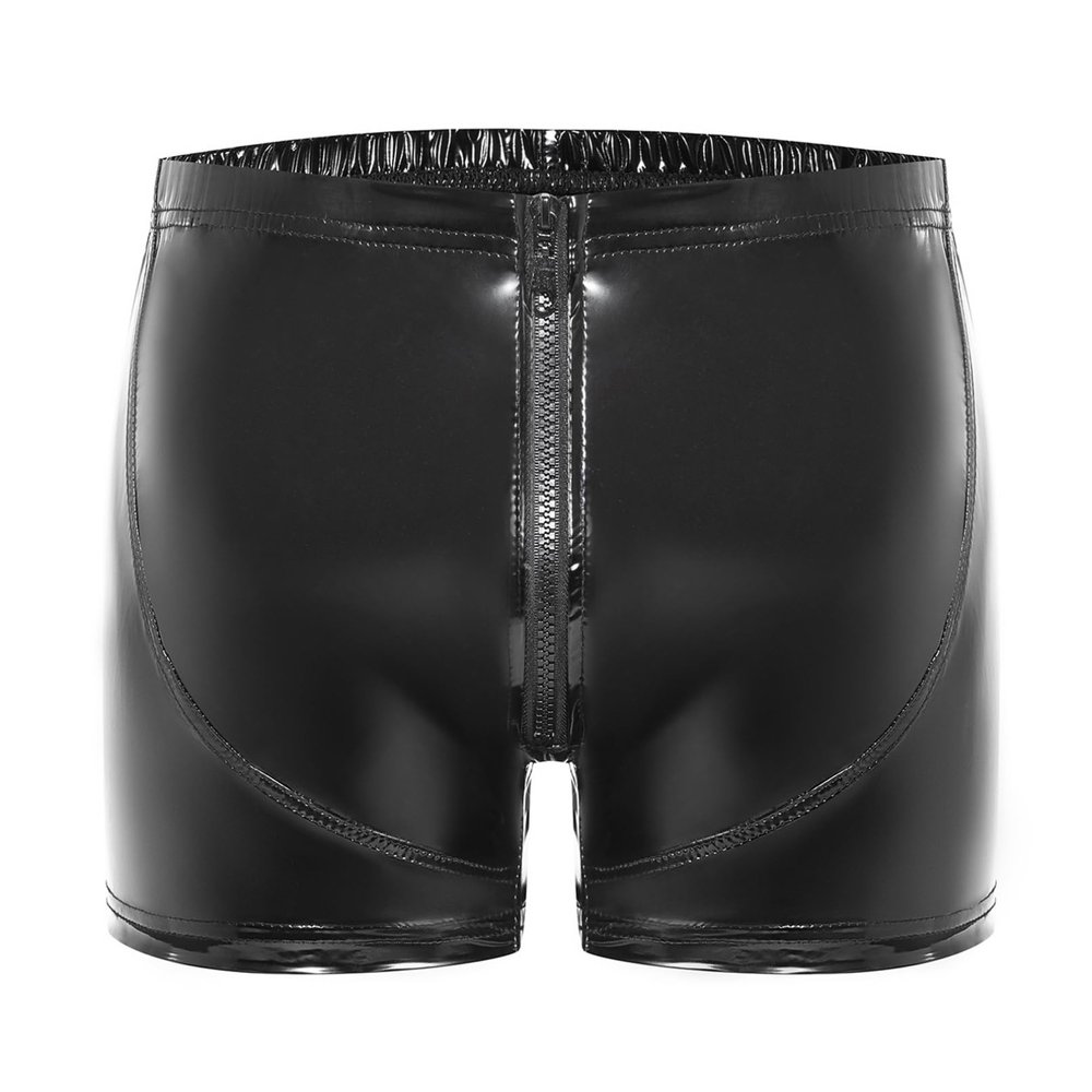 YiZYiF Men's Latex PVC Faux Leather Short Pants Solid Buckled Crotchless Boxer Shorts Hot Pants 5#Black CC Small
