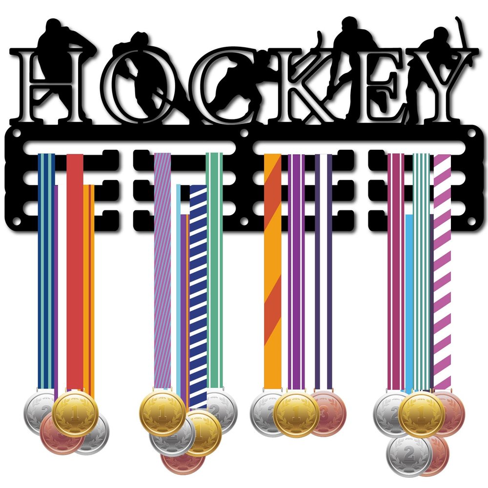 CREATCABIN Hockey Medal Hanger Display Medal Holder Rack Sport Frame Wall Mount Decor Small Hooks Iron Metal Medal Hangers Organizer for Hanging 40+ Medals Awards Player Medalist 11.4 x 5.1Inch Black