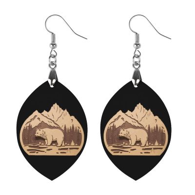 Bear Wood Forests Mountain Wooden Drop Earrings Teardrop Dangle Jewelry Fashion Pendant Earrings for Women, Apricot shaped, style
