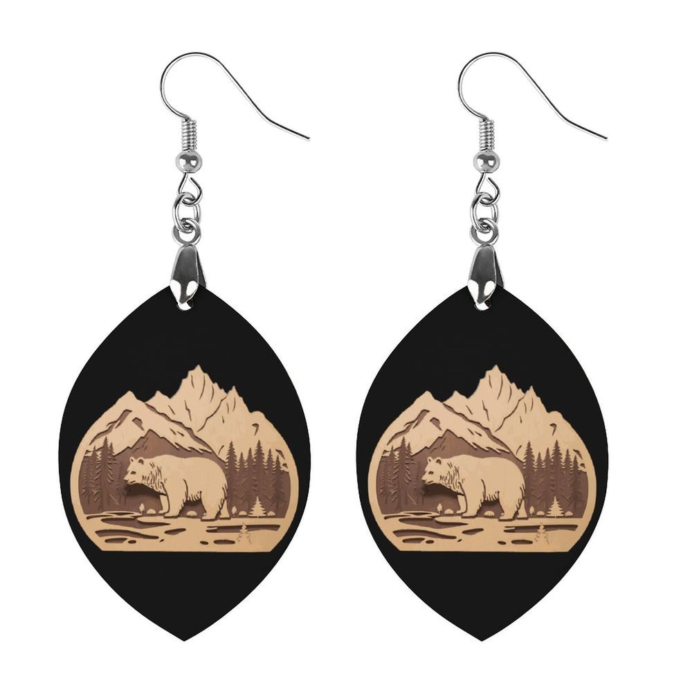 Bear Wood Forests Mountain Wooden Drop Earrings Teardrop Dangle Jewelry Fashion Pendant Earrings for Women, Apricot shaped, style