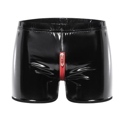 YiZYiF Men's Latex PVC Faux Leather Short Pants Solid Buckled Crotchless Boxer Shorts Hot Pants 3#Black AC Large