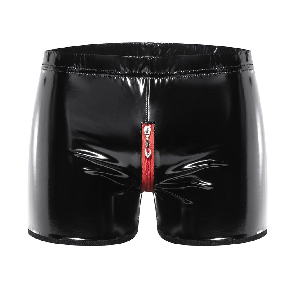 YiZYiF Men's Latex PVC Faux Leather Short Pants Solid Buckled Crotchless Boxer Shorts Hot Pants 3#Black AC Large