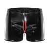 YiZYiF Men's Latex PVC Faux Leather Short Pants Solid Buckled Crotchless Boxer Shorts Hot Pants 3#Black AC Large view 2