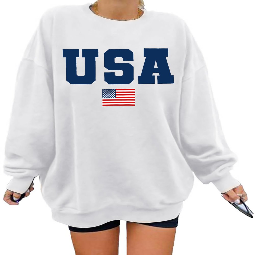 QAUN Oversized Usa Sweatshirt Women: Patriotic Tshirt 4th July Shirt Long Sleeve Casual Pullover Tops(White1, Small)