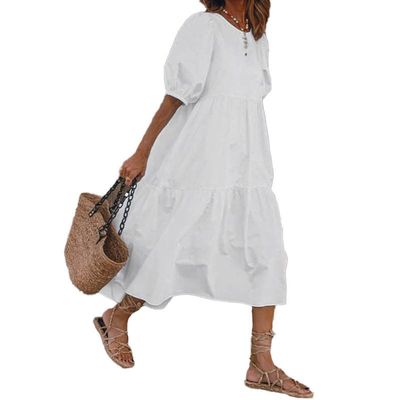 Women Summer Cotton Linen Short Sleeve Tiered Maxi Dress Crewneck Casual Loose Solid Flowy Beach Swing Midi Tshirt Tunic Dress Plus Size