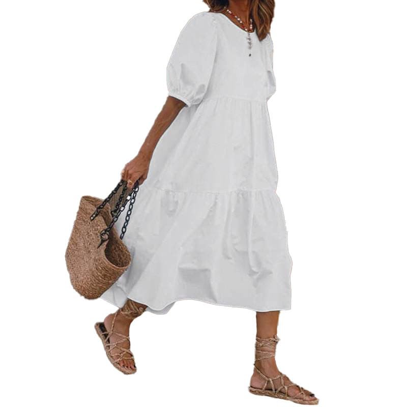 Women Summer Cotton Linen Short Sleeve Tiered Maxi Dress Crewneck Casual Loose Solid Flowy Beach Swing Midi Tshirt Tunic Dress Plus Size